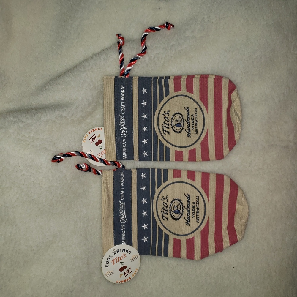 Tito's Handmade Vodka Burlap Embroidered Bottle bag Red White and Blue Ties